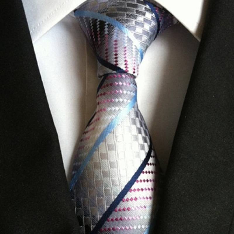 Cravatta Argento con Righe Blu e Motivo Viola