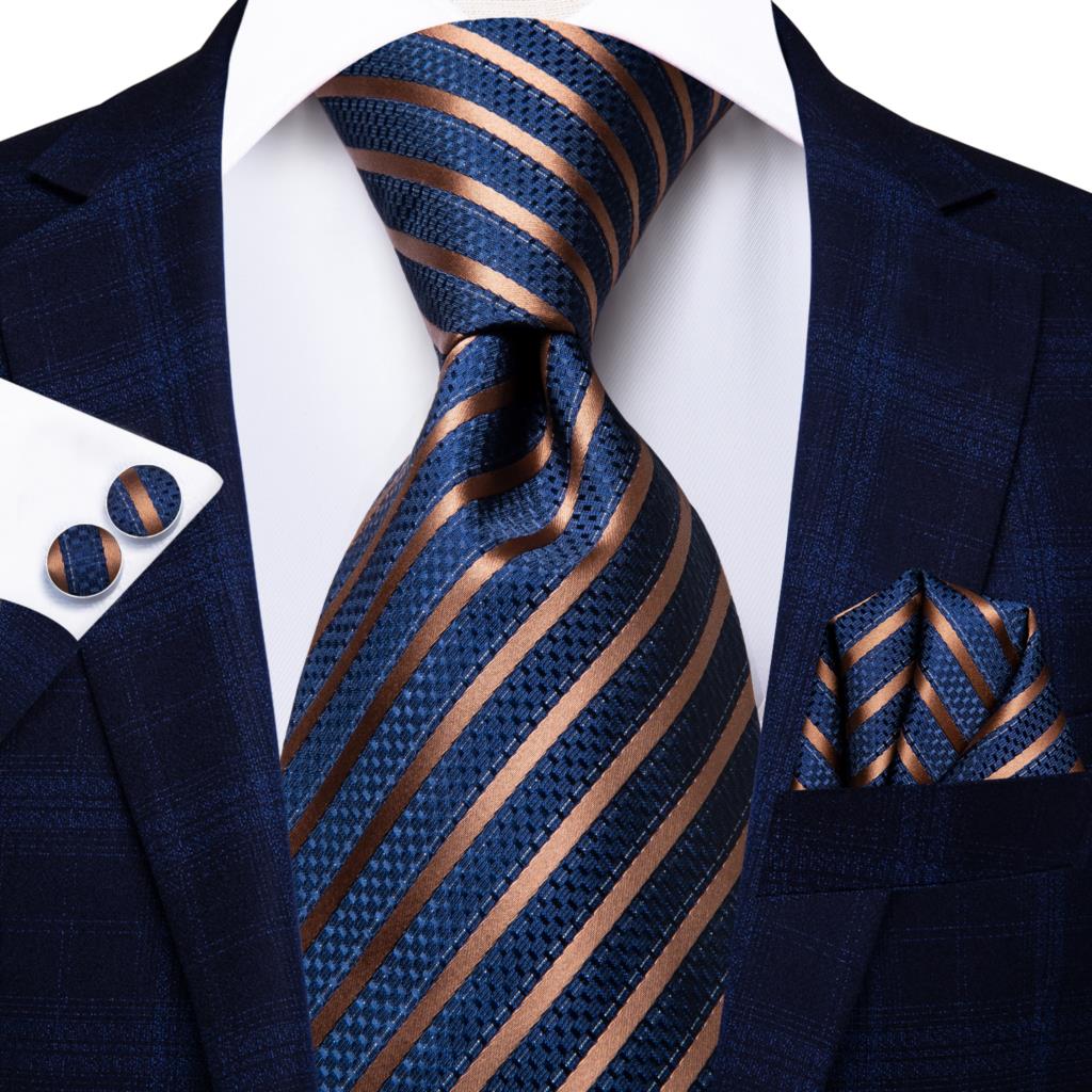 Cravatta a righe blu navy e beige