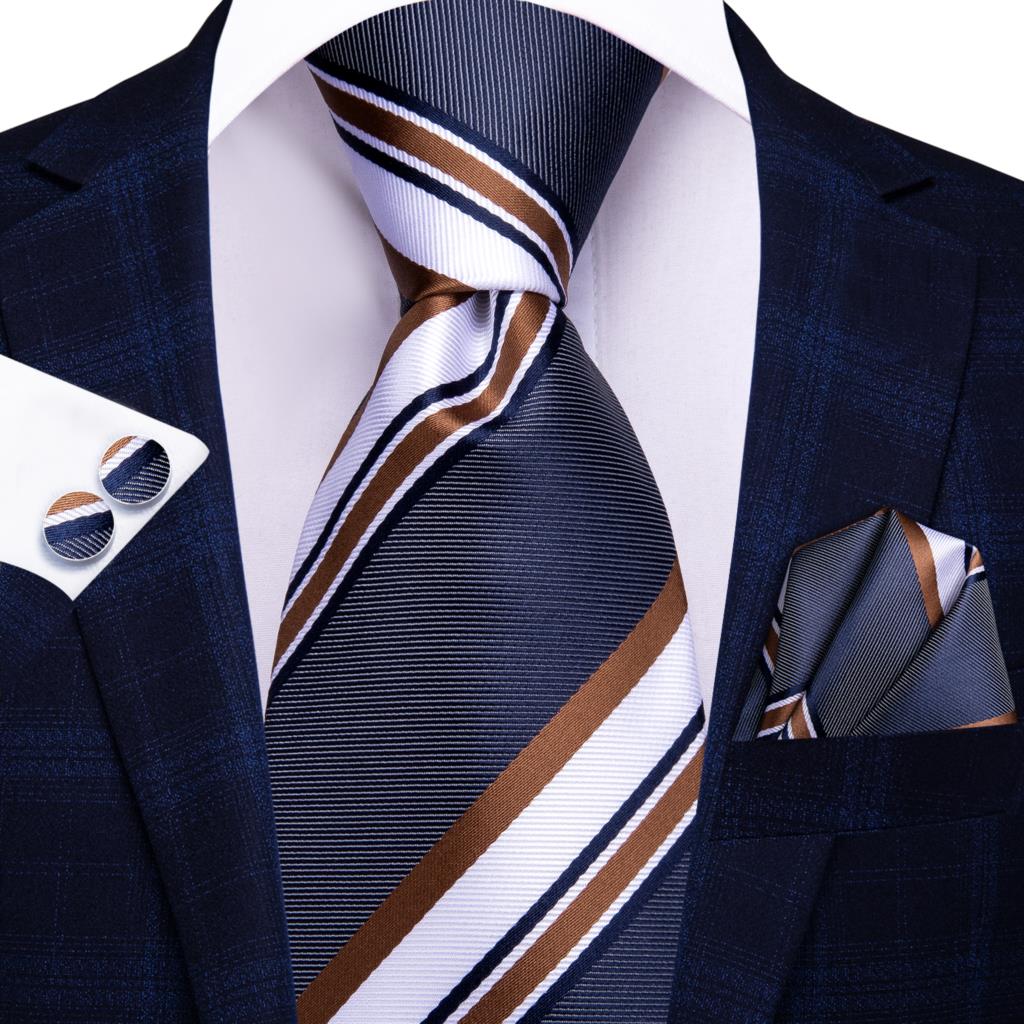 Cravatta a righe blu navy, bianche e marroni