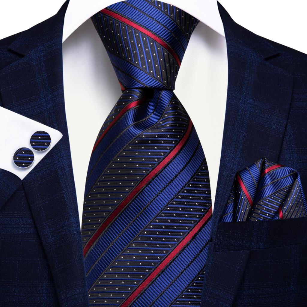 Cravatta a righe blu navy e rosse con pois bianchi