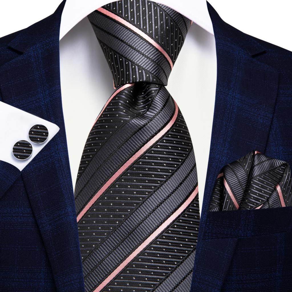 Cravatta a righe grigie e rosa con pois bianchi