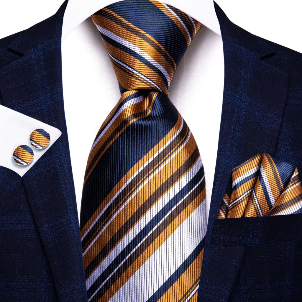 Cravatta a righe arancioni, blu e bianche